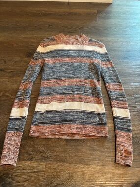 Prana Striped Ribbed Turtleneck Sweater in Blue, Cream & Rust
